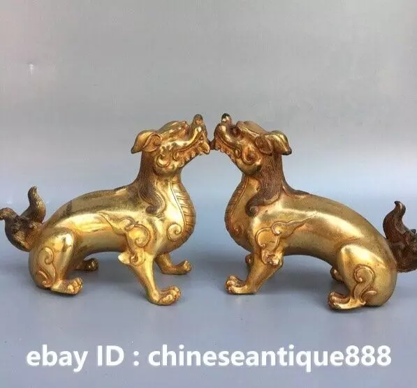 4.9" Unique China Bronze Gilt Double Head Dragon PiXiu Beast Animal Statue Pair