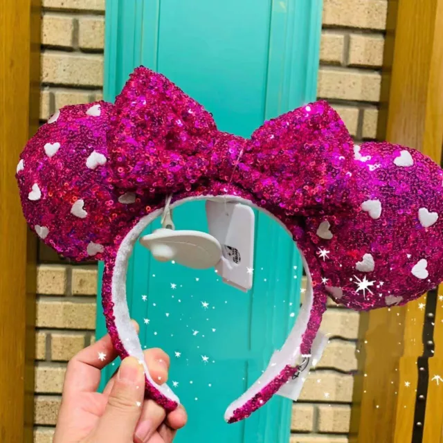 Disney Parks 2022 Minnie Mouse Ears Headband Pink Hearts Sequin Valentine