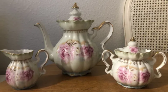 ~Gorgeous Rare Antique Hand Painted Nippon Porcelain Pink Roses Ruffled Tea Set~