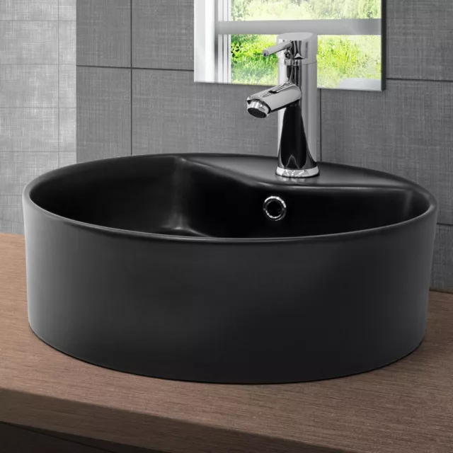 Lavabo en céramique noir mat vasque à poser ronde pour salle de bain Ø460x155 mm