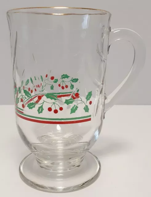 Vintage Libbey Irish Christmas Holly Berry Gold Rim 5" Coffee Mug Glass