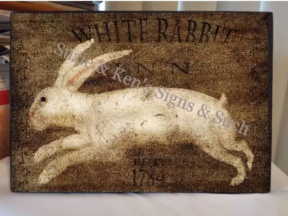 Vintage Wooden Sign White Rabbit Inn EST 1784 Country Farm Hare Bunny Rabbit