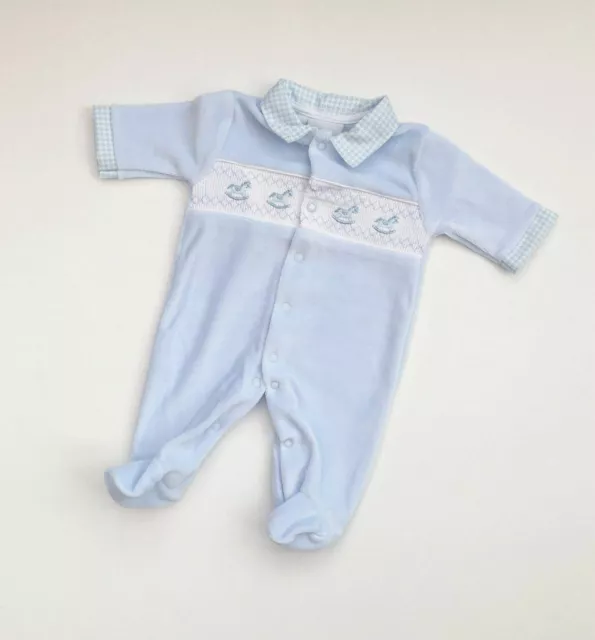 Baby Boys Smocked Rompers Spanish Blue Velour Horse Design Sleepsuit Newborn Boy