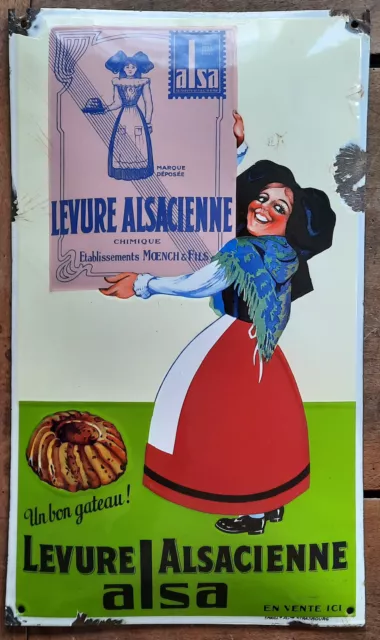 Ancienne plaque émaillée bombée Levure Alsacienne ALSA 29X49cm EAS cuisine café