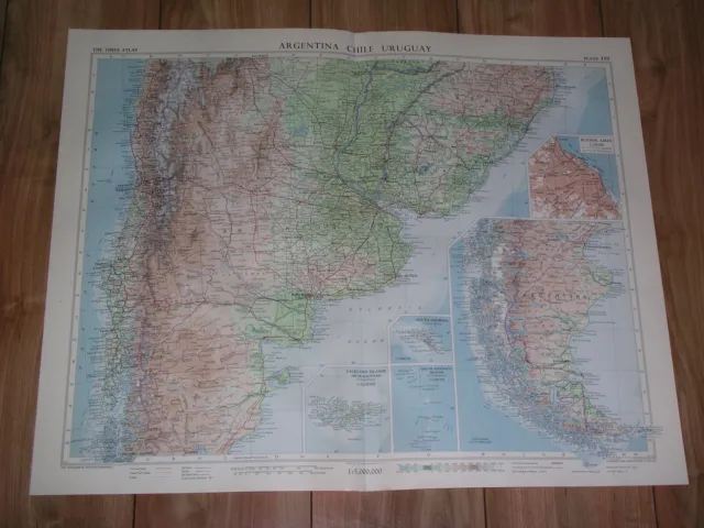 1957 Vintage Map Of Argentina Chile Falkland Islands / Scale 1:5,000,000