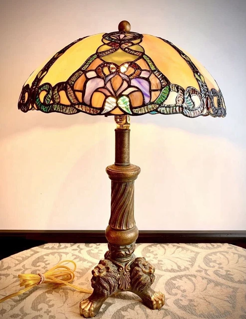 Victorian Tiffany Style Table Lamp  Blue  green Stained Glass Liaison Mother-Dau