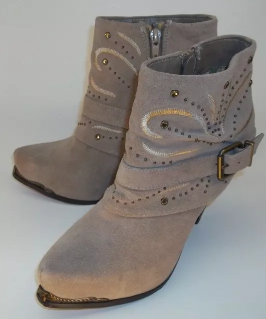 Miranda LARISSA Womens US 6.5M Beige Suede Studded Zip Buckle Heel Ankle Boots