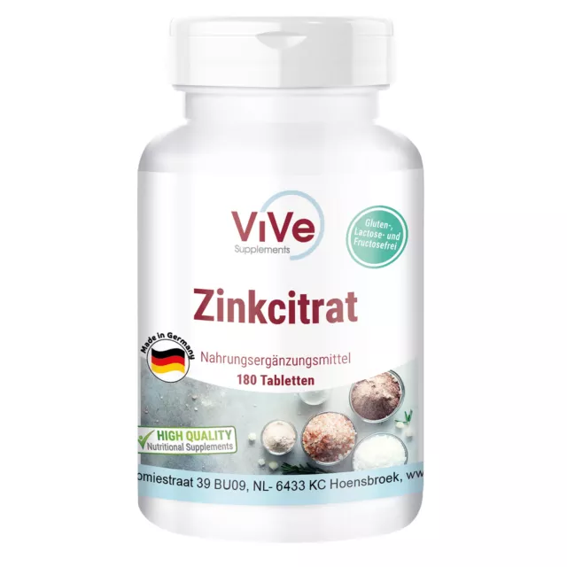 Zink 25 mg aus Zinkcitrat - 180 Tabletten, gut bioverfügbar | ViVe Supplements