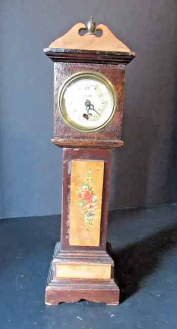 Vintage LUX Clock co mini mantle longcase clock 2 tone wood floral detail 1930s