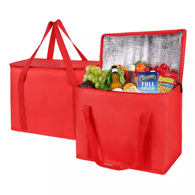 2-Pack Xl-Large Insulated Grocery Shopping Bags, Red, Reusable, Heavy Duty, Zipp