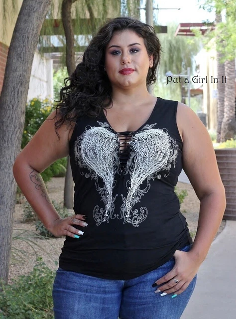 New Womens PLUS SIZE CRYSTAL BLACK ANGEL WINGS BRAIDED BIKER TANK TOP 1X 2X 3X