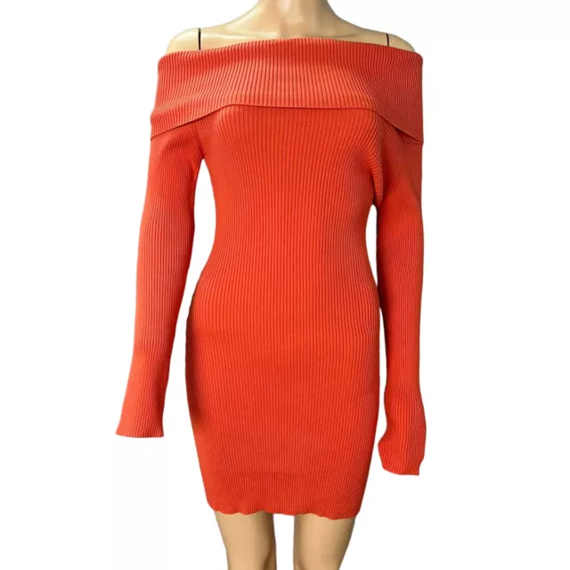 Fashion Nova Womens Off The Shoulder Sweater Dress Bodycon Mini Orange Medium
