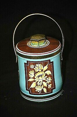 England Advertising Bucket Blue Floral Biscuits Lithograph Tin Can Handle