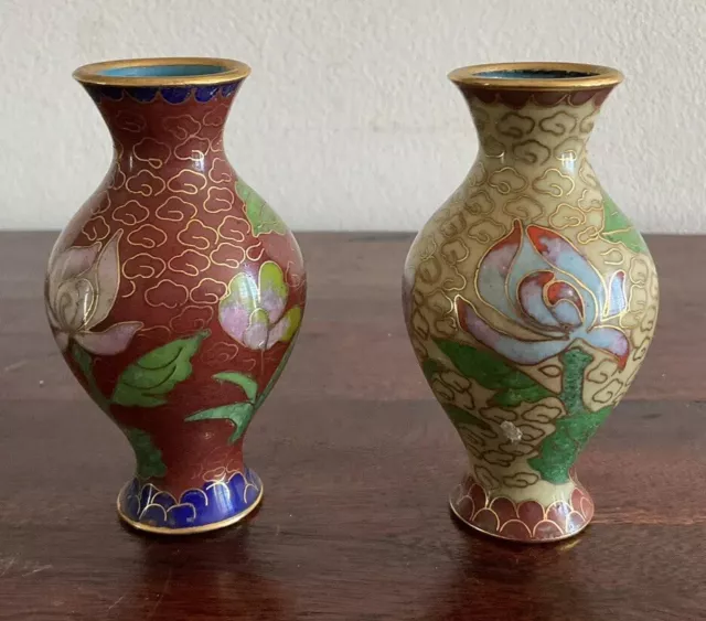 Lovely pair of coordinated Colourful Cloisonné small vases 3