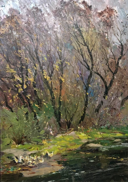 painting Maltsev village landscape vintage socrealizm ducks in the pond old art
