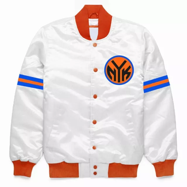 NBA NY Knicks White Satin Bomber Varsity Jacket