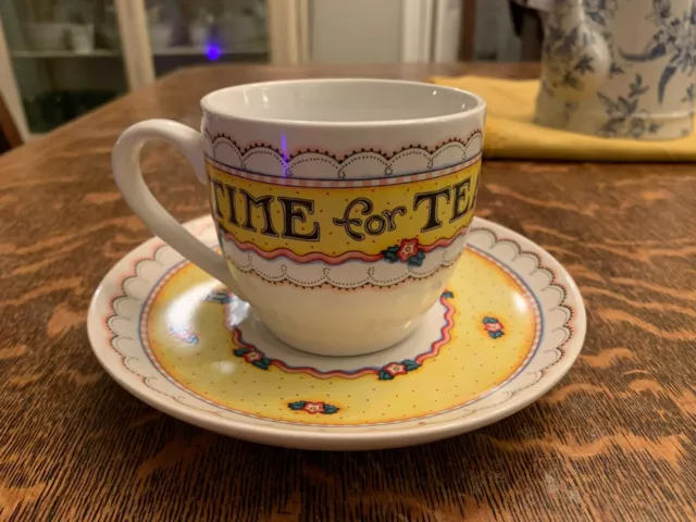 Mary Engelbreit Time For Tea Cup & Saucer Ceramic Coffee ME Ink Floral Mug