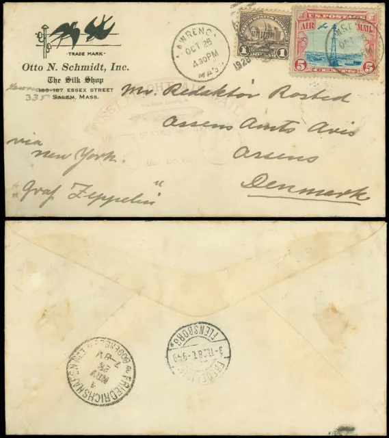 10/28/28 Salem MA Silk Shop C/C, FF GRAF ZEPPELIN, USA to DENMARK, SC #571 #C11!