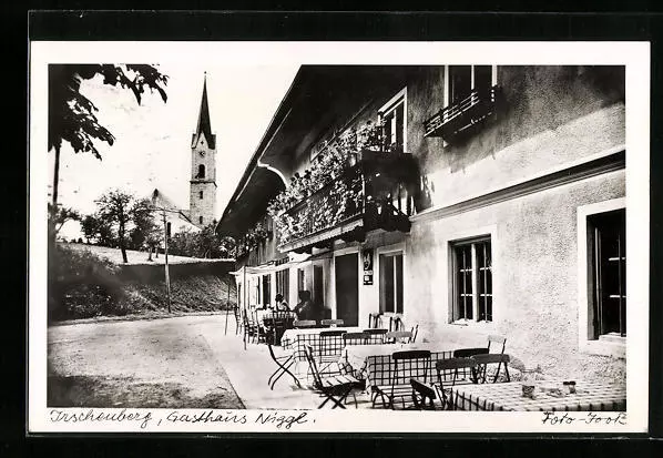 Irschenberg, Gasthaus Niggl, Blick zur Kirche, Ansichtskarte 1954