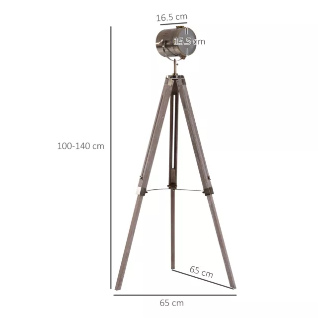 HOMCOM Industrial Tripod Floor Lamp Wood Height Adjustable Spotlight Bronze 3