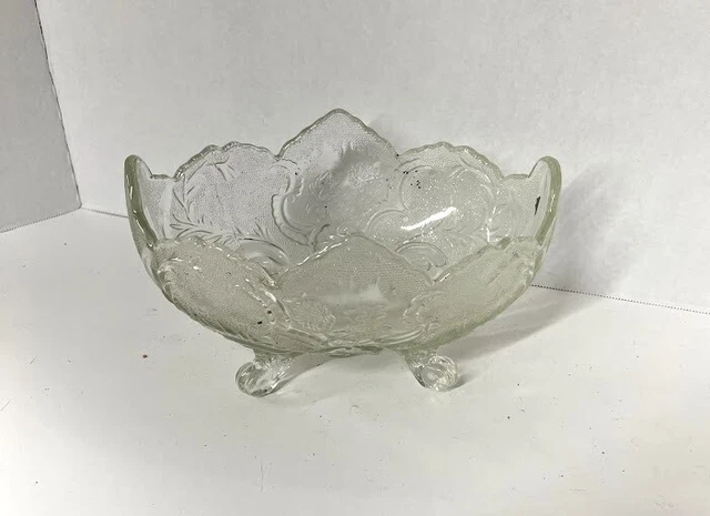 JEANNETTE GLASS Clear Patterned Glass 4 Footed Compote / Bowl