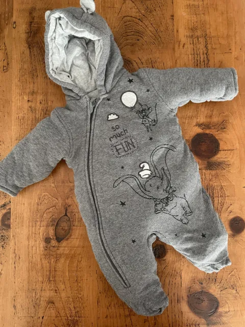 Baby Boy Girl unisex 0-3 months Disney Baby Dumbo Grey Hooded Snowsuit Full Zip