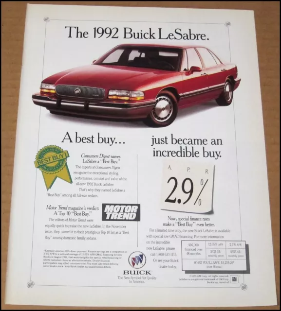 1992 Buick LeSabre Print Ad 1991 Car Automobile Auto Advertisement Page Vintage