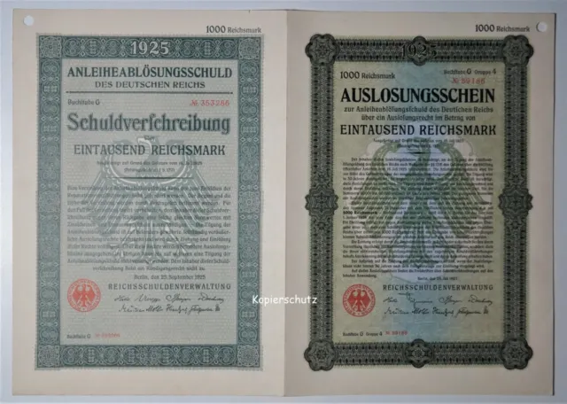 XXL-Wertpapier Schuldverschreibung + Auslosungsschein Historisches WP von 1927