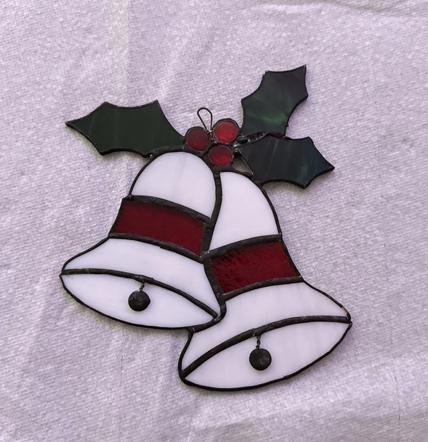 Vintage Stained Glass Holly Bells Xmas Sun-catcher Christmas Window Hanger