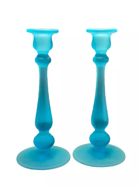 Pair of Blue Satin Frosted Glass Tall Candle Holders Midcentury