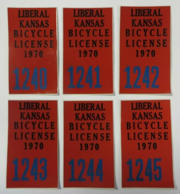 Vtg 1970 Lot of 6 LIBERAL, KANSAS Bicycle Bike Tag License Registration Stickers