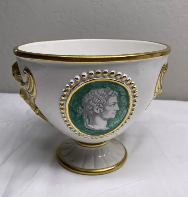 Vintage Ugo Zaccagnini Pottery Pedestal Urn Bowl White Green Gold Greek Roman