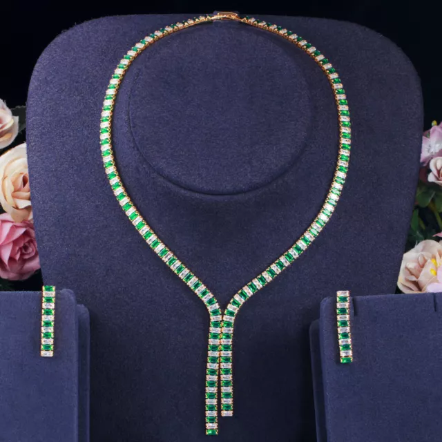 Women Gold Plated Green Zircon Crystal Necklace and Earrings Bridal Jewelry Set