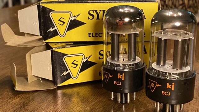Matched Pair Sylvania 6SL7GT Vacuum Tubes, NOS Black Plates/Base, Chrome Top box