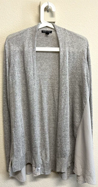 Eileen Fisher Linen Blend Cardigan Sz L Gray Knit Open Front Mix Media