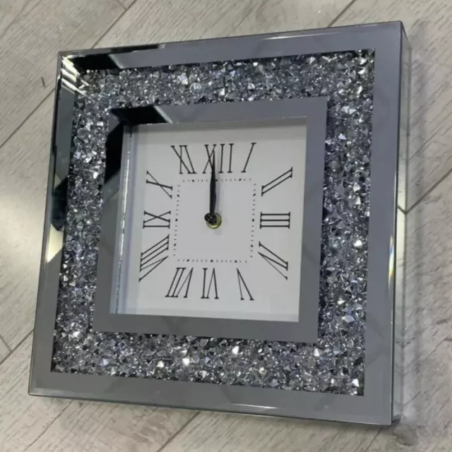 Mirror Crushed Diamond Silver Crushed Crystal Filled Sparkly 30X30Cm Wall Clock