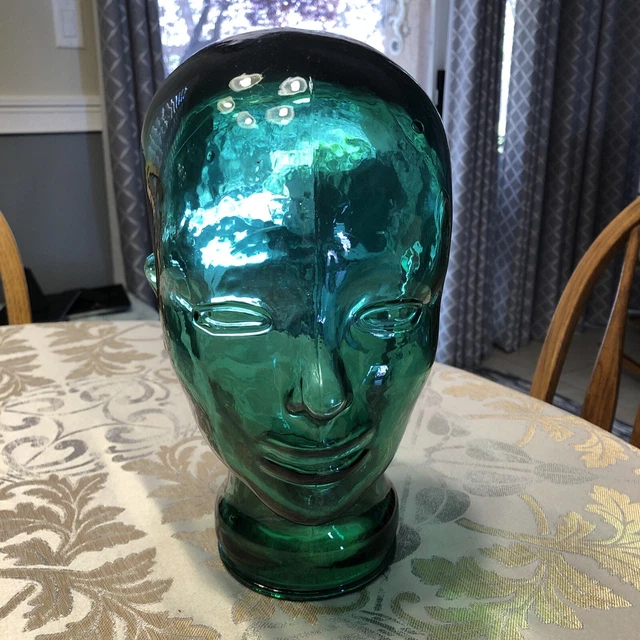Vintage Emerald Green Glass Human Head Mannequin  Wig & Hat Display