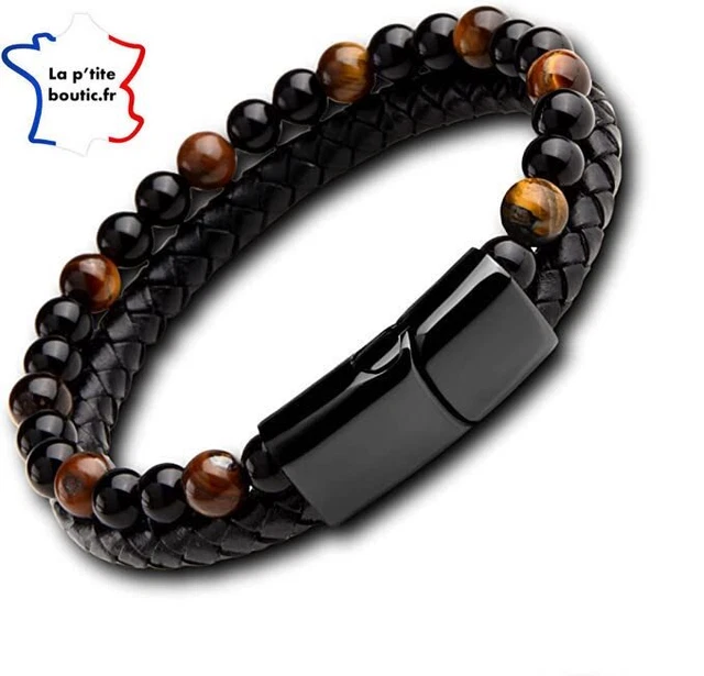 ⭐️Bracelet noir pour homme et femme en cuir et perles 6 mm d'oeil de tigre⭐️