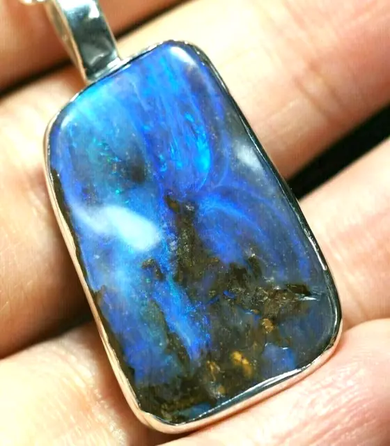 Australian Natural Queensland Solid Boulder Opal Silver 925 Pendant Hallmarked 2