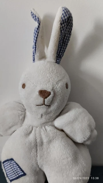 vintage doudou lapin écru vichy bleu grelot Nounours