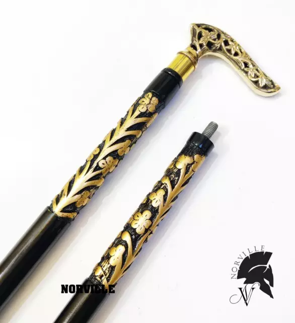 Vintage Wooden Walking Stick Handmade Carved Cane Men Women Derby Brass Handle