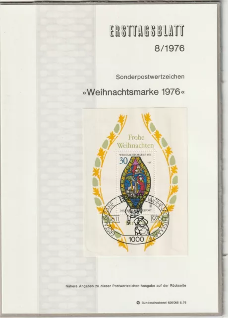 Ersttagsblatt ETB 8/1976 - "Weihnachtsmarke" Marienfenster Frauenkirche - Block