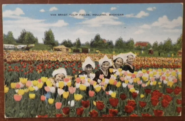 Girls In Van Bragt Tulip Fields Holland, Michigan Postcard