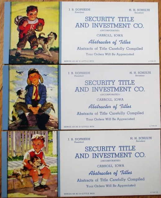 Carroll, IA 1946 Advertising Blotters SET OF THREE - Football/Aviation/Dog & Boy