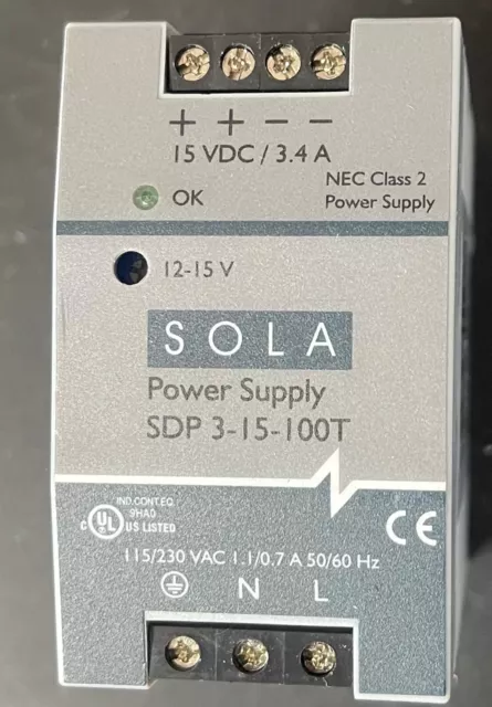 SOLA SDP3-15-100T POWER SUPPLY 15vdc 3.4a 12-15v 115/230vac 1.1/0.7a 50/60hz