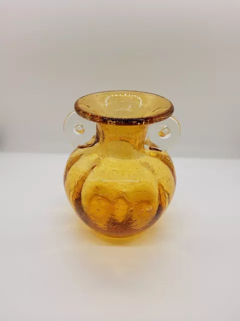 Vintage AMICI Hand Blown Glass Round Amber Yellow Vase With Handles