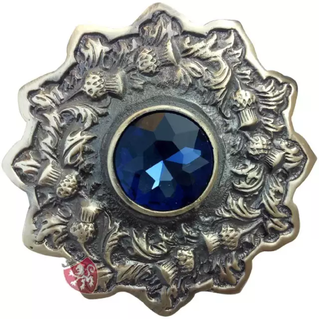 Scottish Kilt Fly Plaid Brooch Blue Stone 4" Celtic Pin Brooches Antique Finish