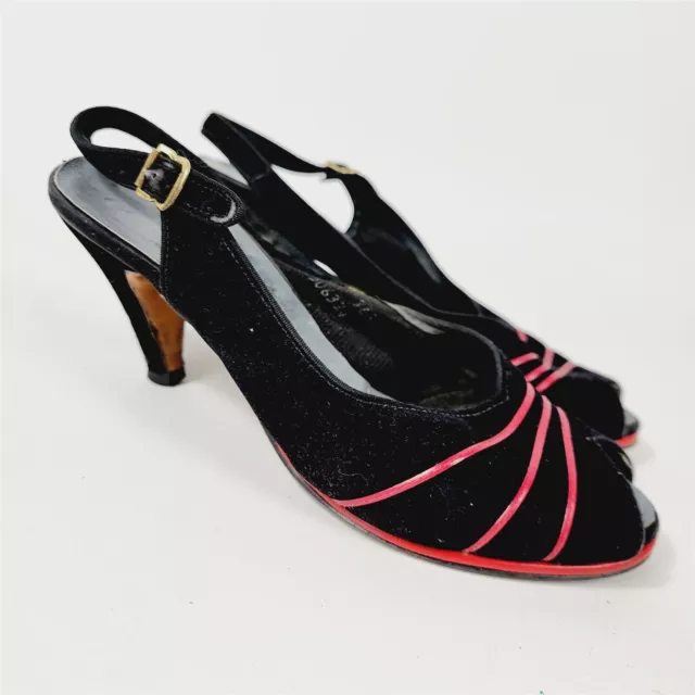 Vintage Black Velvet Red Striped Slingback Heels Shoes Pumps Womens Size 8.5