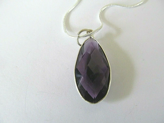 NEW FACETED AMETHYST CRYSTAL TEAR DROP SHAPE PENDANT w/STERLING SILVER NECKLACE