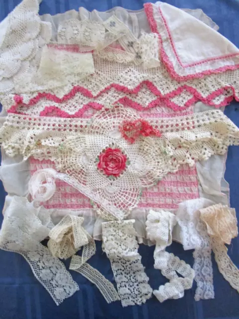 LOT#105B  Vntg. lace, trim, crochet circles, doily, hanky, smocking + bits & pcs